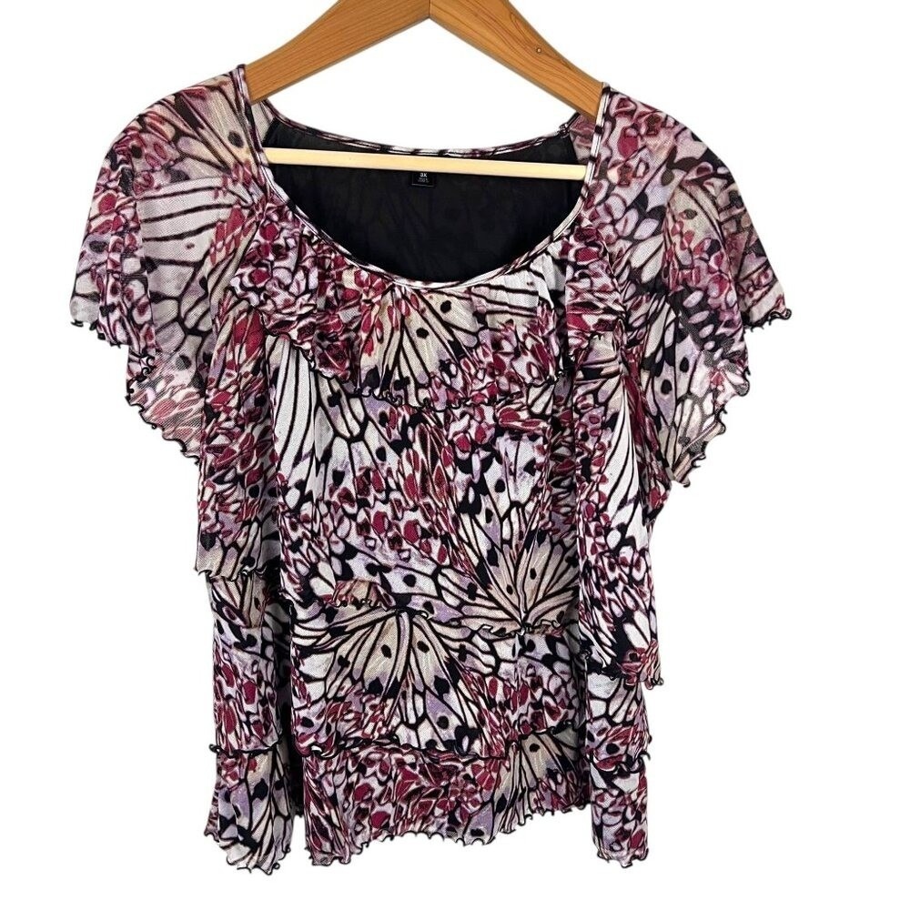 ☘️5/$25 Woman Butterfly Print Layered Mesh Top 3X Flutter Sleeve Artsy Fairy